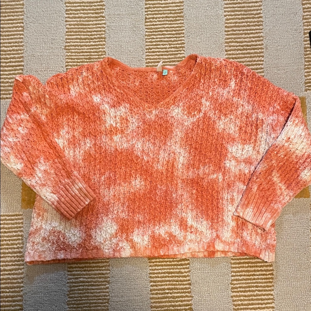 Pilcro Tie-Dye V-Neck Sweater in Coral and Cream